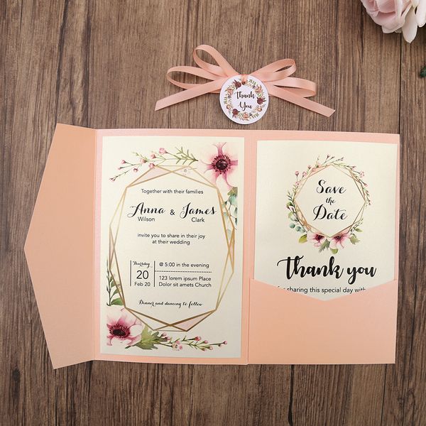 2019 blush pink pocket wedding invitations trifold wedding invite with rsvp card and ribbon and round tag what to write on wedding invitations wooden wedding invites with rsvp cards
