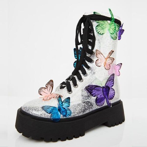 

prova perfetto transparent boots women butterfly shoes woman ankle boots lace up women shoes flat magic color platform, Black
