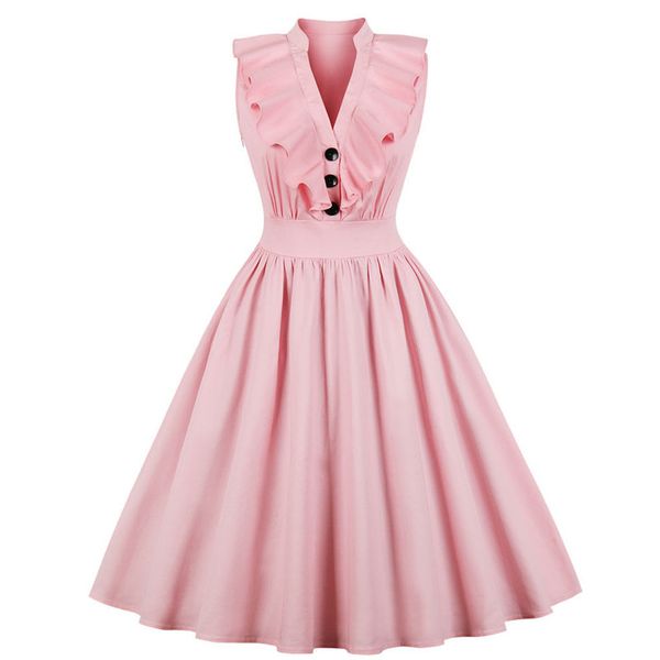 

womens button vintage dress plus size ladies elegant v neck sleeveless dress female ruffled slimming waist, Black;gray
