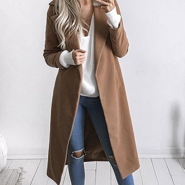 

women' winter wool coat lapel warm coat oversize long slim trench outerwear wool solid open stich female big size 3xl, Black