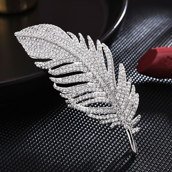 

luxury zircon feather brooch women high-end suit corsage korean style simple fashion copper pin coat accessories, Gray