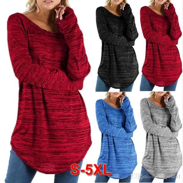 

long t-shirts women 2019 autumn winter casual loose solid pullover round neck full bating sleeve pockets tees plus size, White
