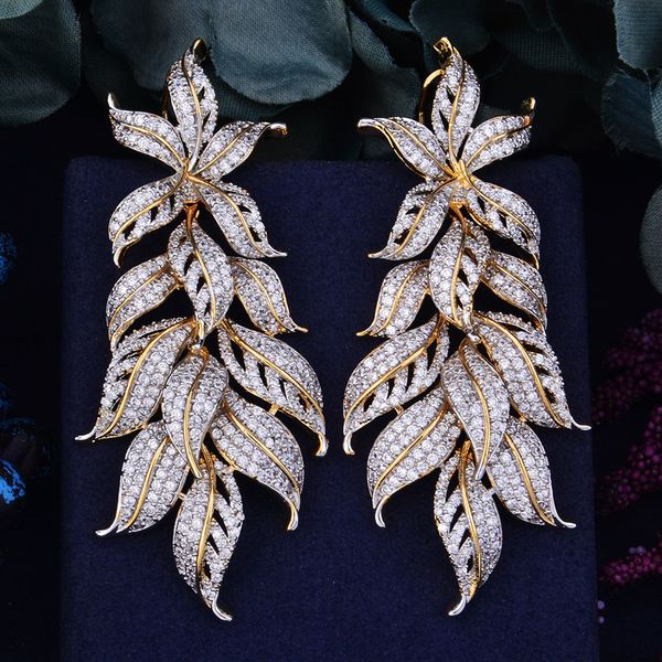 

godki 80mm luxury exclusive leaf leaves cubic zirconia african wedding women dress earring fashion jewelry cj191216, Golden