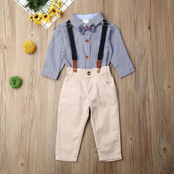 

luxury kids boys clothing set long sleeve striped shirt + bib pants handsome boy clubwear party outfit clothes suit new 2019, White