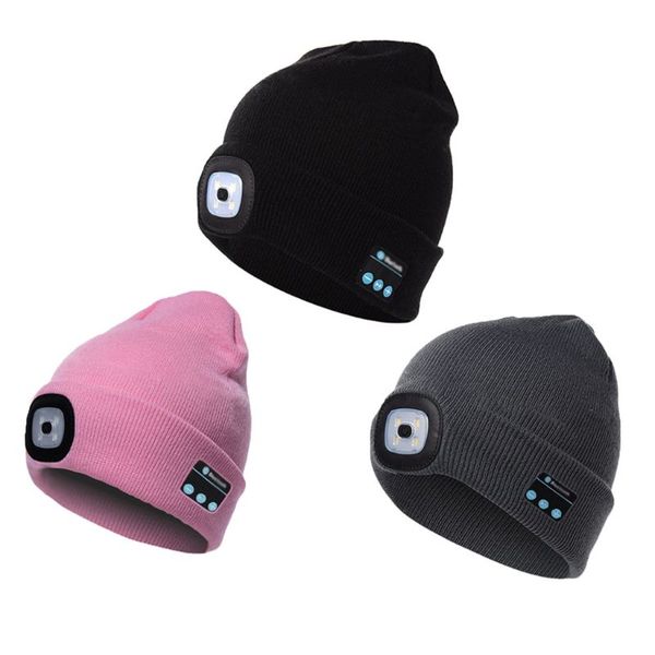 

winter warm press button led light bluetooth beanie hat collapsible musical knit, Black