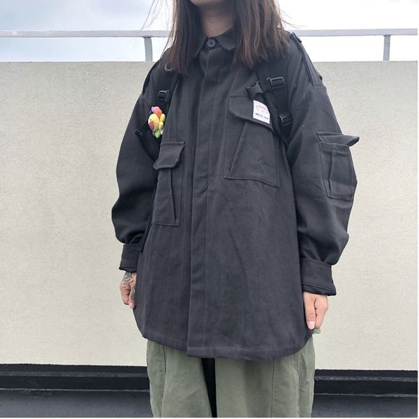 

2019spring and autumn new japanese retro cotton loose tooling jacket solid color fashion casual single-breasted shirt gray /navy, Black;brown