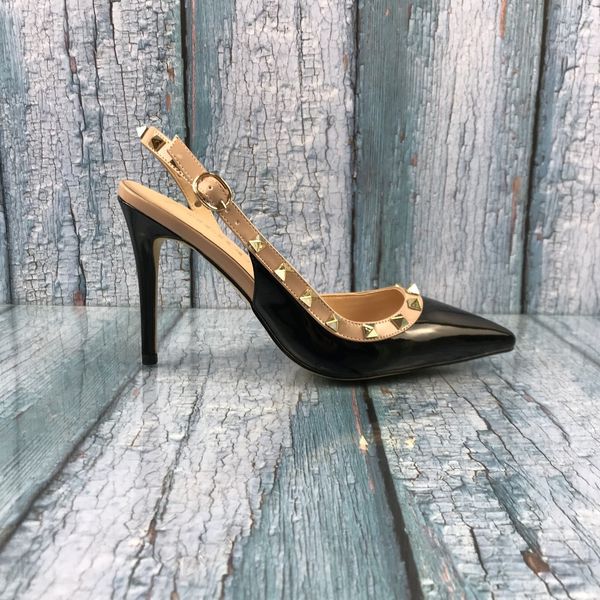 

casual designer lady fashion women black patent leather spikes wrap strappy slingback high heels sandals shoes stiletto brand new