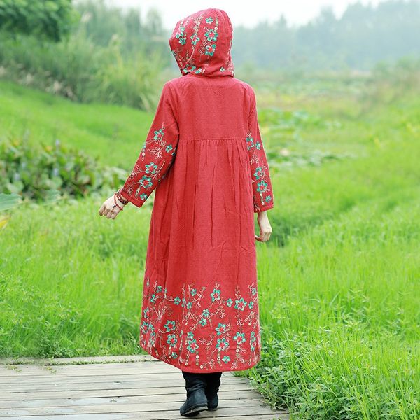 

vintage hooded cotton trench embroidery floral coat chinese style button long sleeve trench coat, Tan;black