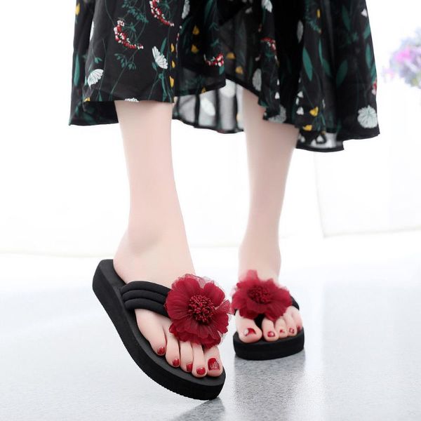 

летние цветочные сандалии рыбий рот женские сандалии тапочки ретро высокие каблуки туфли на платформе женщина пряжка обуви пляжные шлепанцы, Black