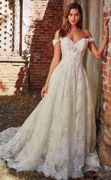 

off the shoulder lace wedding dresses a-line appliques with court train long bridal gowns back wedding gowns, White