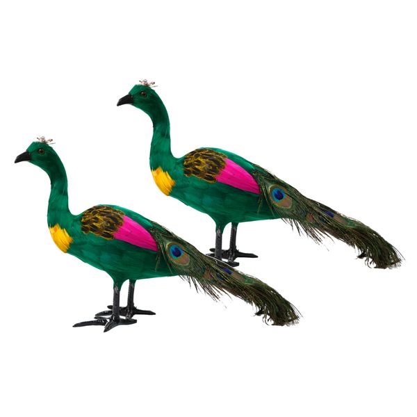 

2x artificial feather peacock figurine miniatures 42cm lawn ornaments green