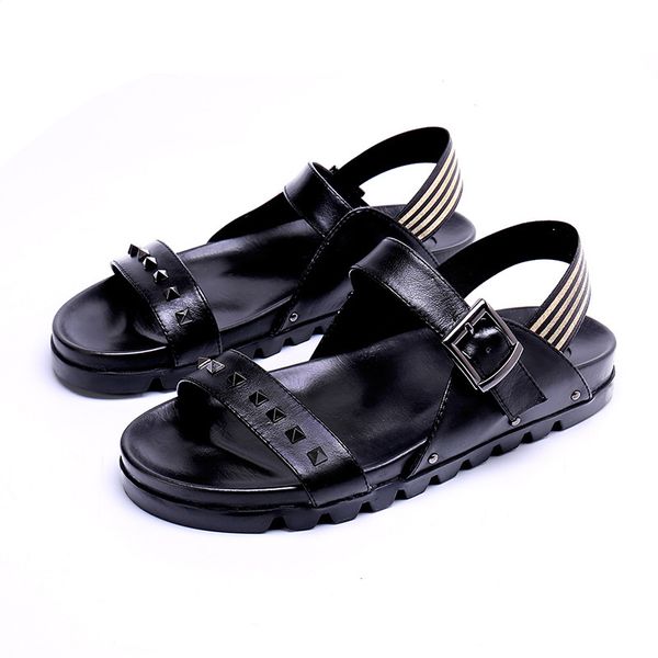 

man's sandals casual summer leather shoes dual-purpose genuine leather soft bottom non-slip men beach shoes, Black