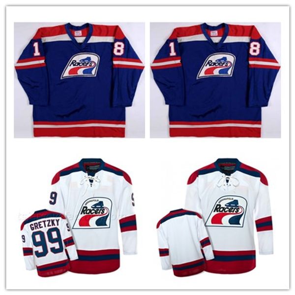 

custom xs-5xl indianapolis racers 18 brian coates 99 wayne gretzky blank white blue hockey jersey ing, Black;red