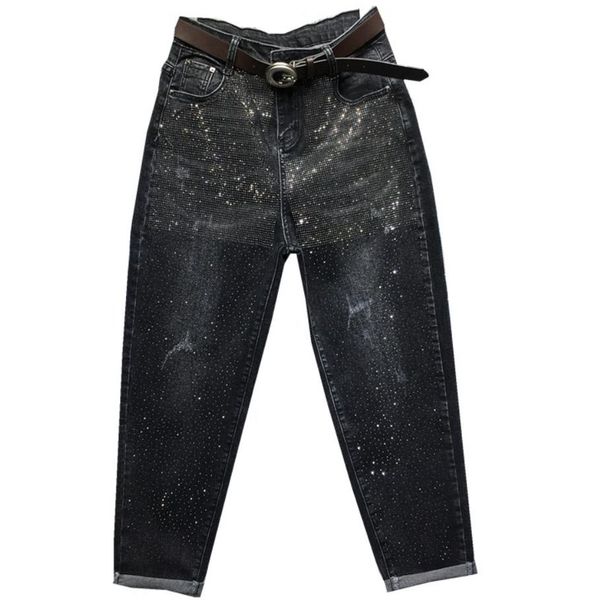 

2019 autumn new fashion heavy work drilling jeans women loose high waist harem pants plus size 26-31, Blue