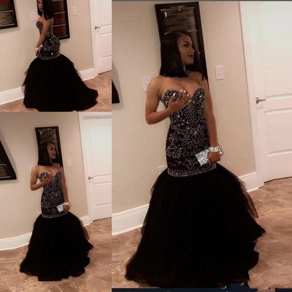 

Cheap African Mermaid Black Girls Prom Dresses Major Beading Crystal Sweep Train Long Formal Tulle Party Dress Plus Size Evening Gowns