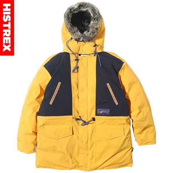 

2020 hip hop long jacket parka fur hood men winter ветровка streetwear color block harajuku ватник пальто с капюшоном outwear, Black