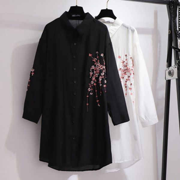 

plus size women's fat sister mm korean embroidered sunscreen shirt was thin tibetan belly long sleeve embroidered shirt, White