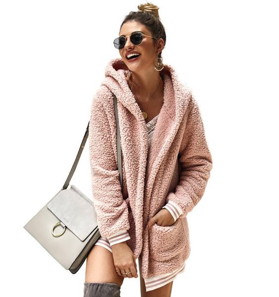 

2019 new year spring faux fur teddy bear coat jacket women fashion open stitch hooded coat female long sleeve fuzzy jacket, Black