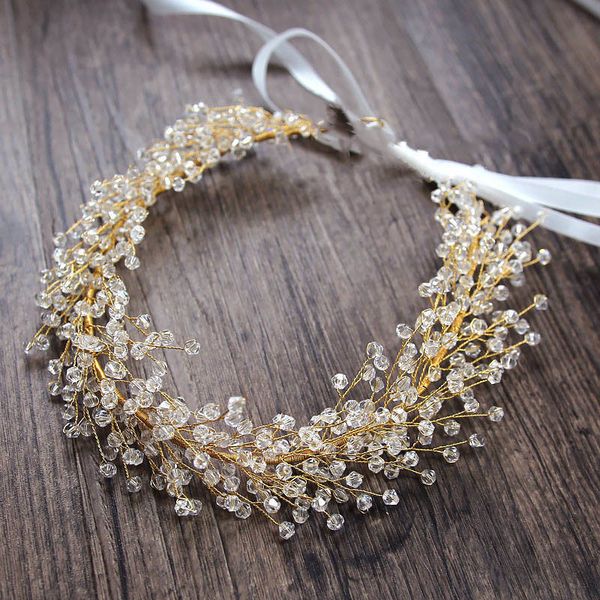 

baroque wedding hairs accessories jewelry headband princess crystal bridal hair wreath cluster twig leaves vine with ribbons jl, Golden;white