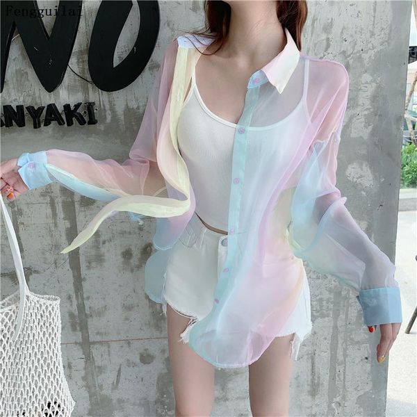 

rainbow loose girl shirts beach harajuku tulle women blouse kawaii kimono cardigan female clothes blusas tule, White
