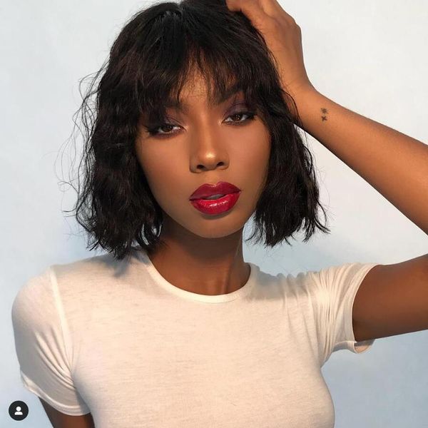 

короткие боб человеческих волос парики с банг 130% remy естественная волна волос с банг человеческих волос боб парик природных волнистые кор, Black