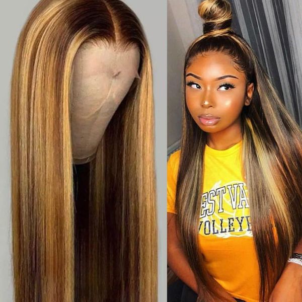 

straight #27 honey blonde highlights color glueless full lace wig brazilian remy hair full lace wigs human hair with baby, Black;brown