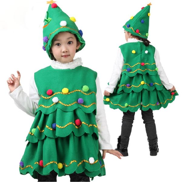 Çocuk Noel Ağacı Kostüm Şapka Seti ile Katmanlı Dalga Hem A-Line Fırfır Mini Elbise Topları ile Genç Çocuk Unisex Cosplay Kıyafet Artı Boyutu