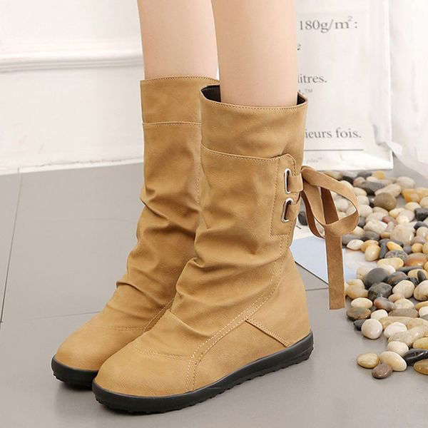 

women winter boot lace-up mid-calf boot solid wedges height increasing shoes woman lady casual leather fashion botas mujer, Black