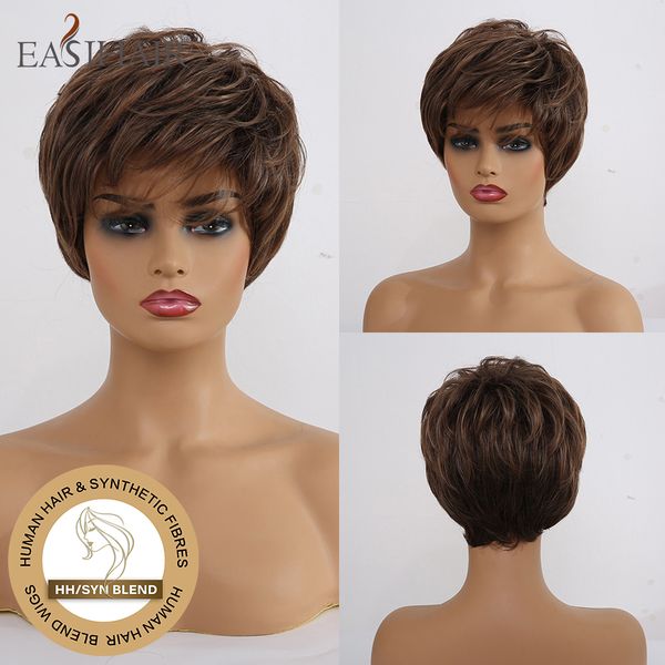 Easihair Short Dark Brown Human Hair Mixed Synthetic Wigs With Bangs For Women Afro High Density Blend Human Hair Wigs Half Wigs For Natural Hair Lace