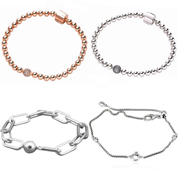 

sparkling crown o chain beads & pave me link snake chain pattern bracelet fit europe bangle 925 sterling silver charm jewelry, Black