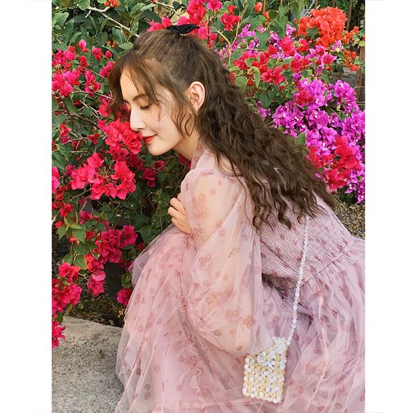 

net red artistic doll collar printed skirt mesh skirt fairy super fairy spring 2020 womens midi skirt