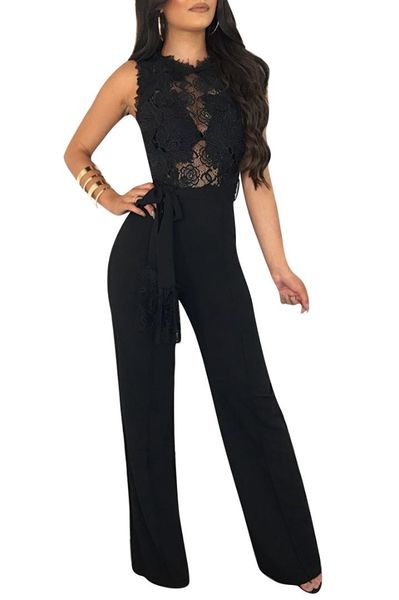 

elegant lace rompers womens jumpsuit ladies casual wide leg long pants overalls sleeveless rompers jumpsuit black blue red, Black;white