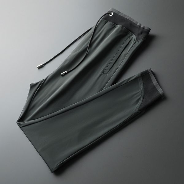 

men summer ice silk light fabric stitched business casual pants male slim fit harem trousers joggers sweatpants, Black