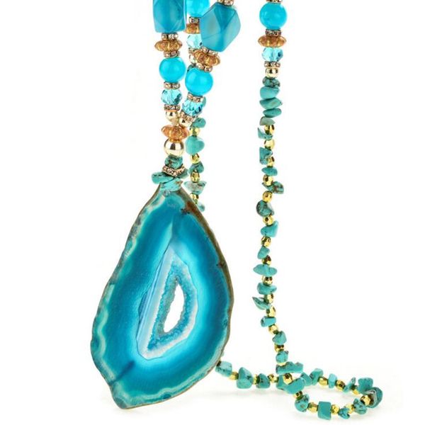 

2019 fashion boho natural druzy geode slice stone pendant necklaces for women water drop bead long irregular necklaces jewelry, Silver