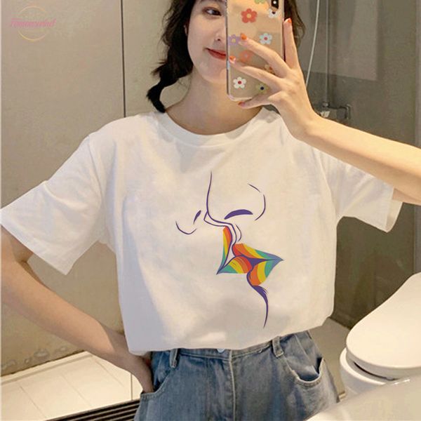 

new lgbt harajuku t shirt women ullzang gay pride 90s t shirt graphic lesbian cartoon print korean style tees female, White