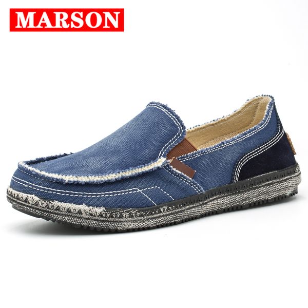 

marson men classic canvas shoes casual sneakers men's lazy shoes moccasin men slip on loafer washed denim casual flat loafers, Black