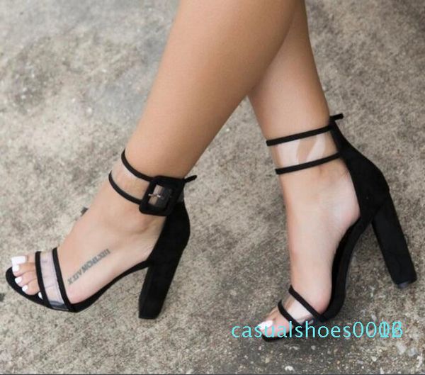

xingdeng ladies bandage transparent summer party flock sandal shoes 35-42 sizewomen ankle strap high heel sandals shoes 12c c06, Black