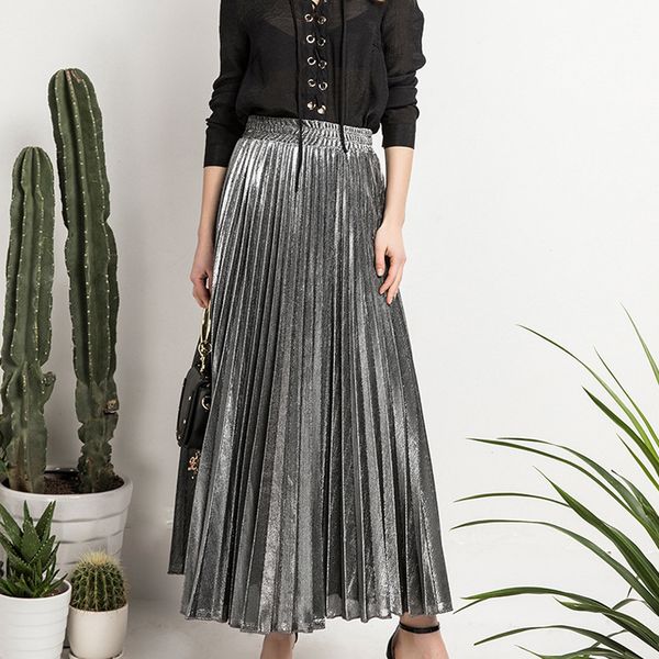 

2019 new womens saias midi faldas vintage women midi skirt summer suede skirt gold silver long striped elasticity pleated skirts, Black