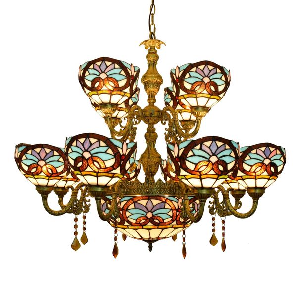 

stained glass chandelier flower pattern white european retro living room chandelier bedroom kitchen fairy lamp can be customized 009