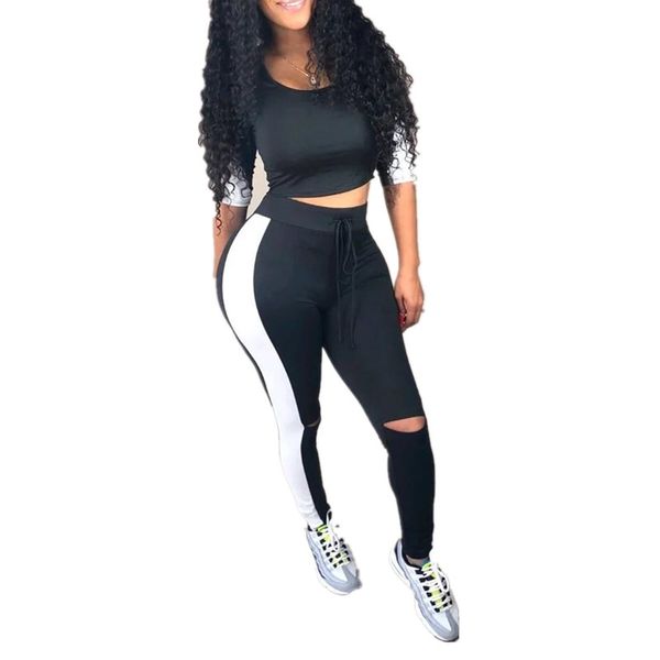 

two piece set women long sleeve stripe t shirt and leggings suits fitness workout women clothes cropped hole pants, White