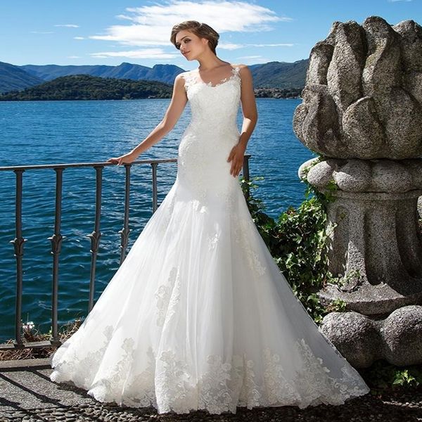 

custom made plus size beach mermaid wedding dresses white lace appliques sheer neck illusion bridal gown long court train robe de marriage