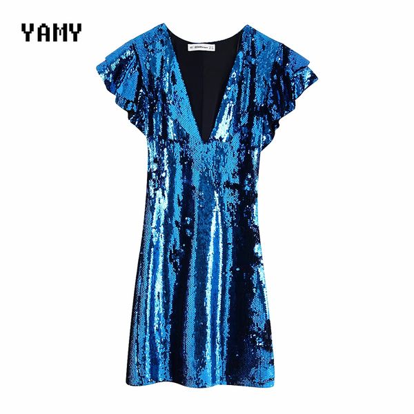 

new flare sleeve womens blue sequined dress high waist slim mini party dress female elegant v neck club vestidos, Black;gray