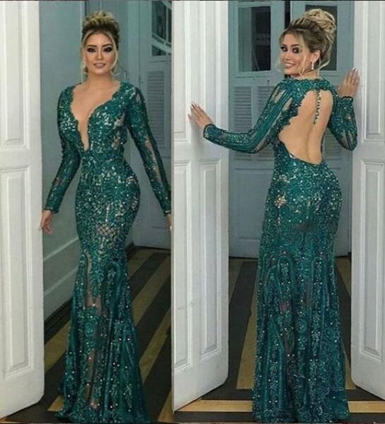 

backless luxurious lace 2019 african prom dresses deep v-neck long sleeves beaded evening dresses formal party bridesmaid pageant gowns, Black