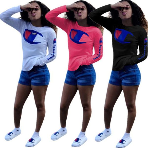 

women champ t shirt long sleeve o-neck t-shirt sweatshirt letter print shirts pullover autumn design sweatshirts blouse casual, White