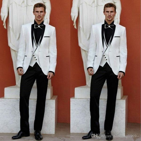 Yüksek Kaliteli Bir Düğme Beyaz Damat smokin Notch Yaka Groomsmen Mens Suits Düğün / Gelinlik / Akşam Blazer (Ceket + Pantolon + Vest + Tie) K145