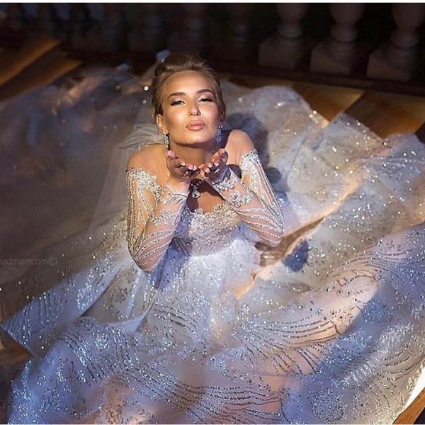

dubai luxury sparkle wedding dresses full sleeves beaded sequined lace ruffles off the shoulder ball gowns modest bridal dress, White