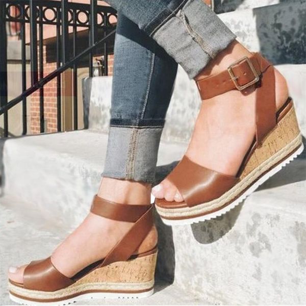 

woman's platform sandals 2020 female leather wedges sandal lady beach dress shoes low heel ankle strap sandalias, Black