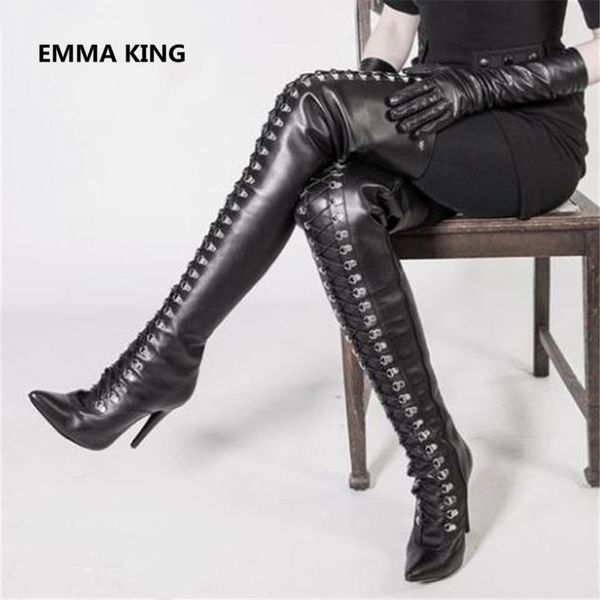 

runway black leather women over the knee boots pointed toe cross-tied high heels shoes woman winter thigh high long knight boots
