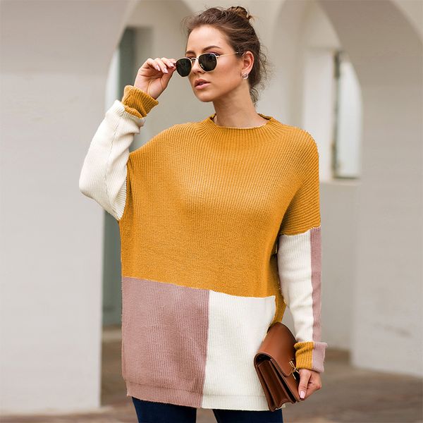 

women sweater color block splicing high neck long sleeve ribbed sweater knitted tunics ladies pullovers female turtleneck jumper, White;black