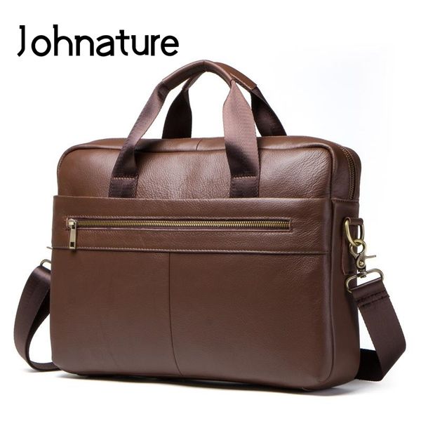 

johnature 2019 new genuine leather zipper solid soft handle multifunction briefcase men business handbag computer bags
